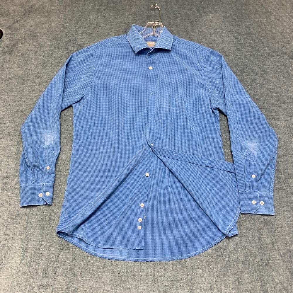 Perry Ellis Portfolio Tech Dress Shirt Mens 15.5 32/33 Blue Check Stretch Formal